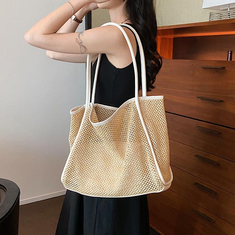 Large Capacity Beach Hollow Composite Tote Solid Color Leather Small Pouch Straw Woven Shoulder Bag Lightweight Polyester