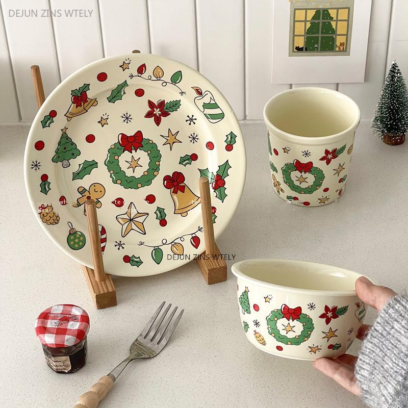 Cute Ceramic Plates Christmas Party Desserts Cake Plates Children's Breakfast Milk Cups Household Kitchen Ceramic Noodle Bowls