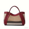 Striped Textured Fabric Tote Handbag Faux Leather Edge Splicing Wide Handle Ladies Daily Commuter Large Shoulder Bag