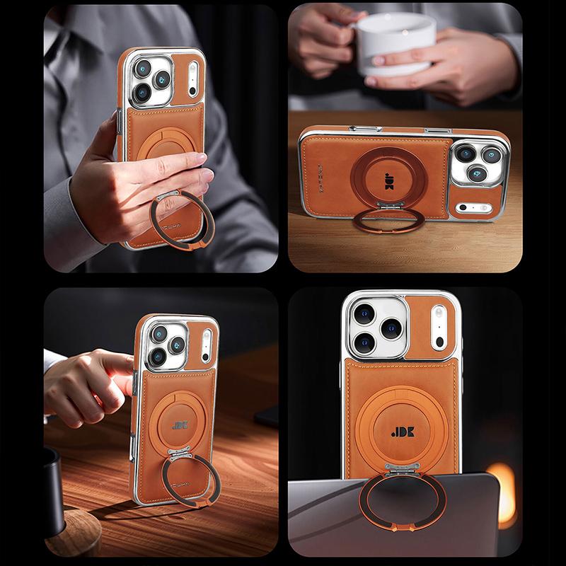 Luxury Magnetic 360 Rotating Kickstand Leather Phone Case For iPhone 17 Pro Max 16 Plus 15 14 13 Ring Holder for Magsafe Cover
