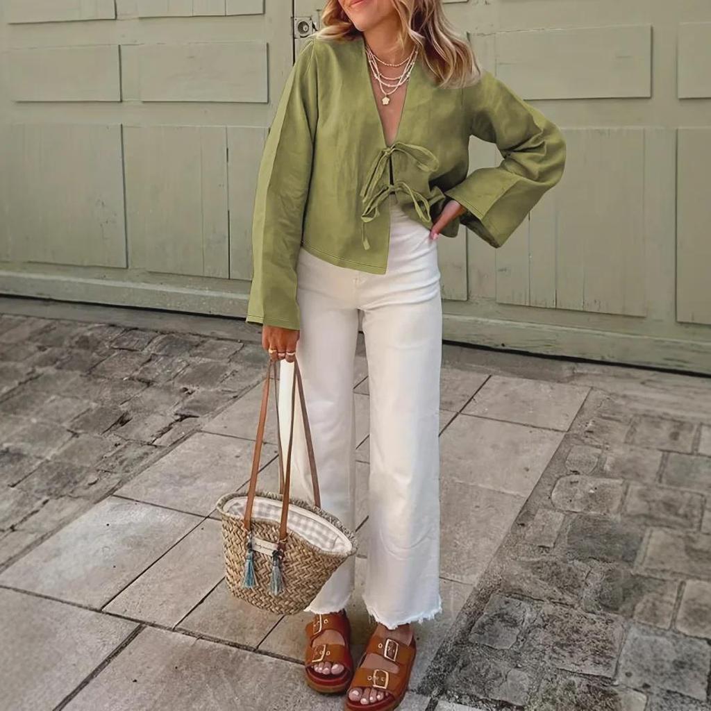 Women's Long-Sleeve V-Neck Lace-Up Solid Color Commuter Shirt