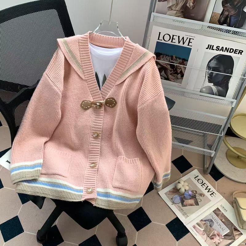 

Navy collar retro horn buckle cardigan sweater women s autumn and winter new outer wear loose lazy wind knitted jacket average size