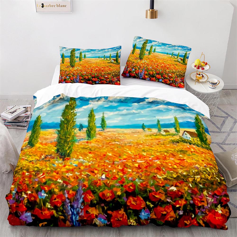 Oil Painting Duvet Cover Set Colorful Paint Of Flowers Cloud For Kids Boys Teen Decorative Polyester Bedding Set With Pillowcase