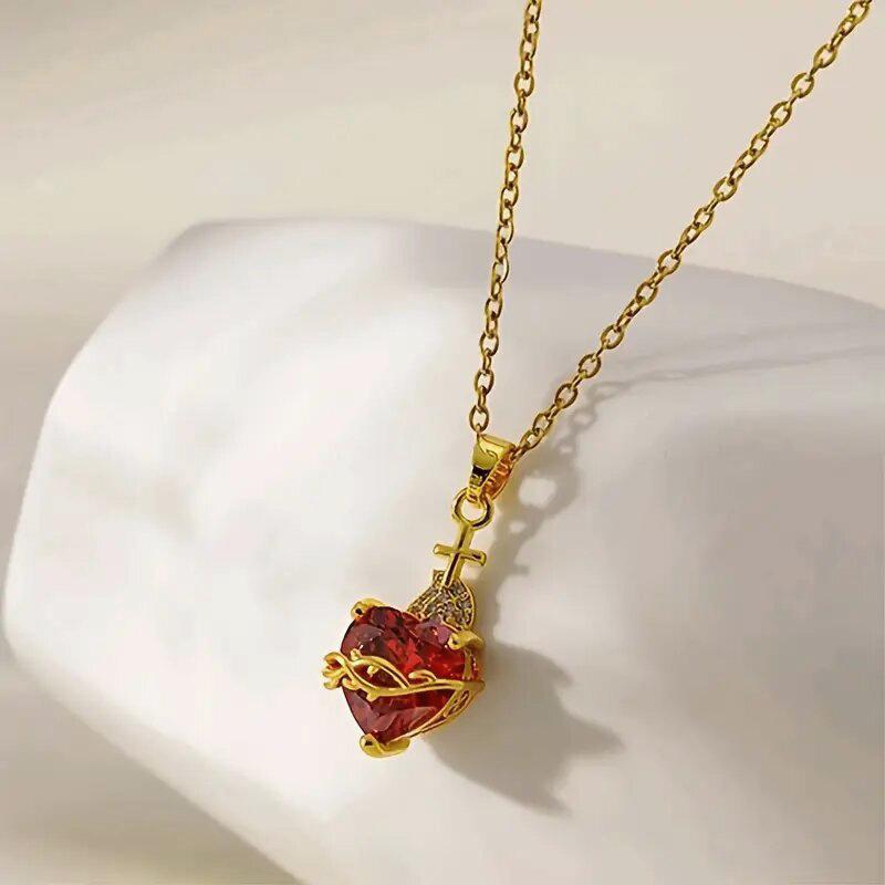 New European and American Luxury Necklace for Women with A Sense of Luxury, Thorny Heart, Red Zircon Jewelry, and Headwear