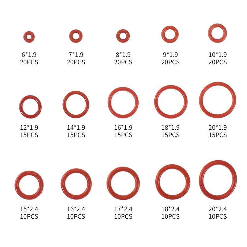 225pcs O Rings Rubber Red Silicone O Ring Seal Sealing Silicon Rubber Oil Resistant Washer O-rings Assortment Kit Set Gasket Box