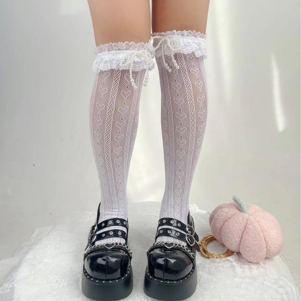 Cotton Lolita Stockings With Pearl Bow Decor For Winter Fashion
