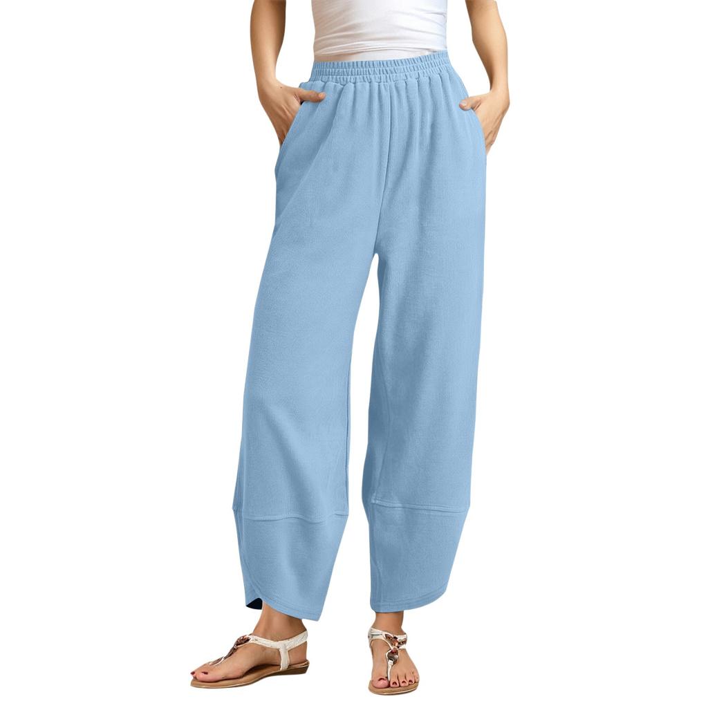 Damen Schräge Tasche Elastischer Bund Cropped Hose Lässige Baumwoll- und Leinenhose