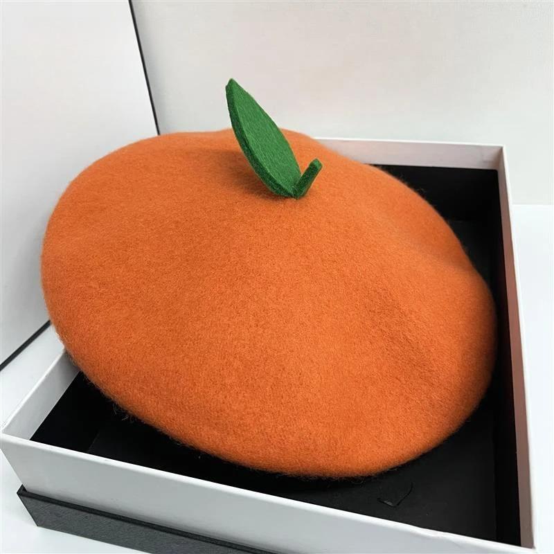 Autumn and Winter Beret Japanese Soft Girl Painter Hat Girl Cute Little Leaf Bud Hat Fruit Orange Spring and Summer Breathable