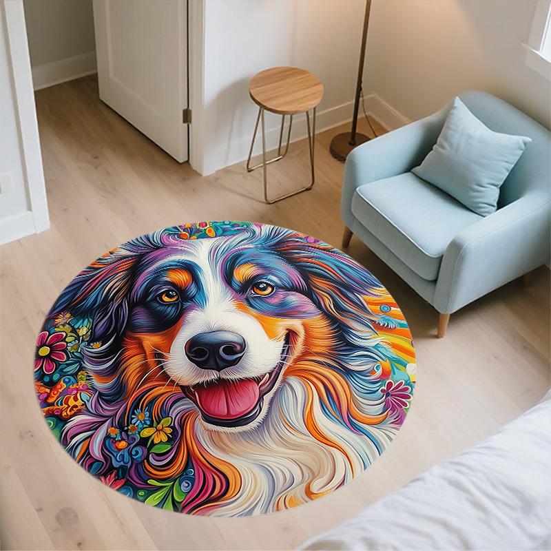 Colorful Dog,Round Area Rug,Carpet Rug for Living Room Bedroom Sofa Playroom Decor,Non-slip Floor Mat