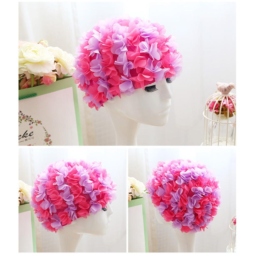 Damen 3D Blumen Design Badekappe Wasserdicht Elastisch Weich Bade Duschhaube für Damen Tauchen Schwimmen Strandkappe Badezimmerzubehör