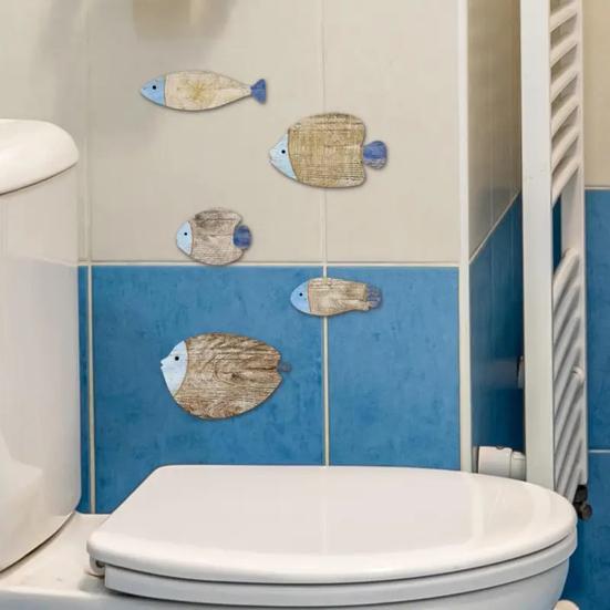 5Pcs/Set Vintage Wooden Fish Wall Decoration Nautical Coastal Ocean Theme Hanging Ornament School of Fish Beach Lake House Bathroom Wall Art