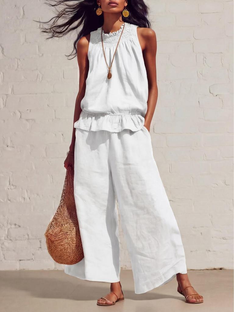 European & American Women's Retro Bohemian Ruffle Cotton-Linen Two-Piece Set for Spring and Summer 2026