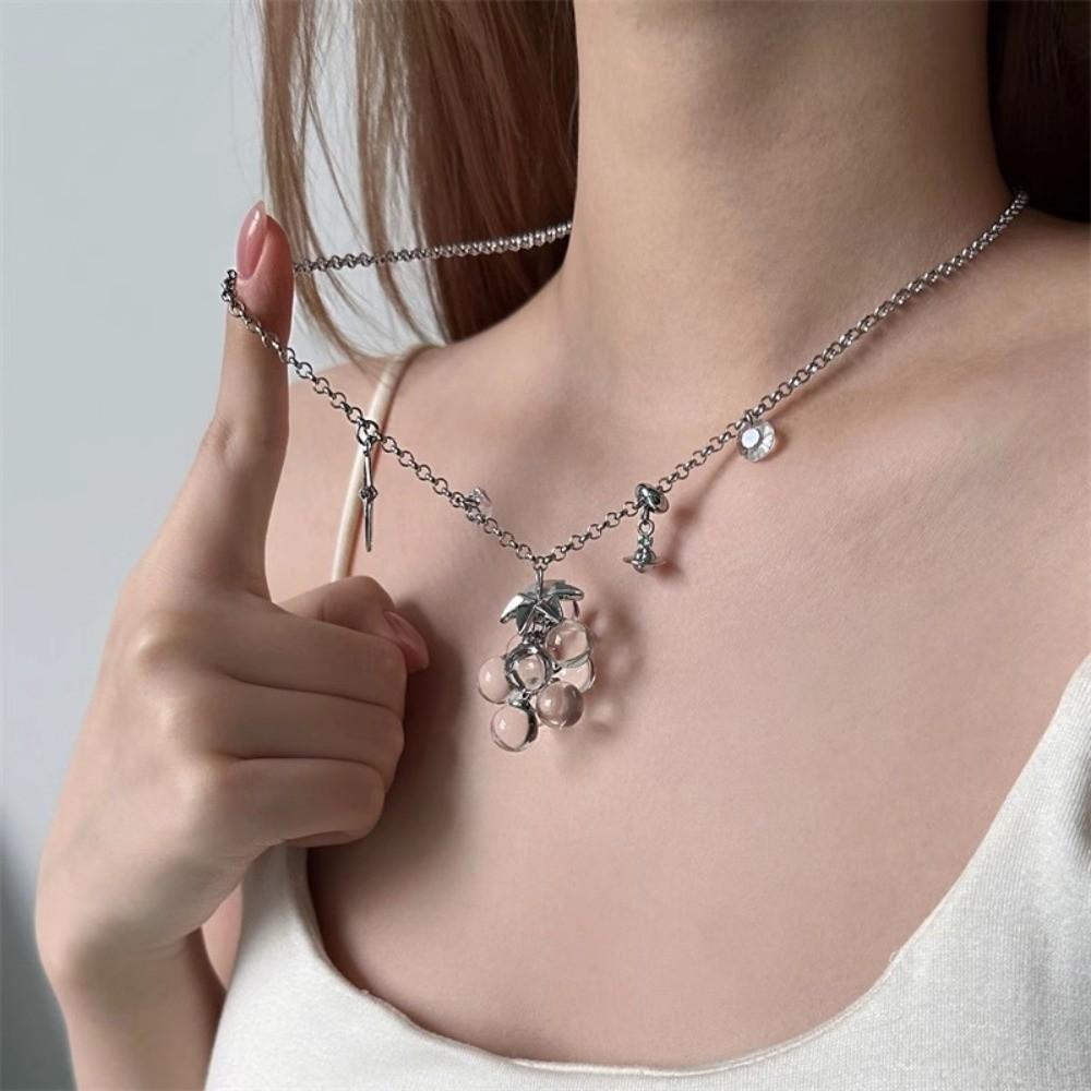 Saturn Grape Cluster Necklace Translucent Fruit Cluster Charm Starburst Choker Photoshoot
