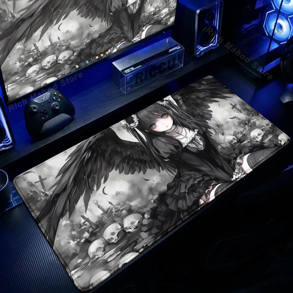 Alfombrilla de Ratón XXL Ángel Oscuro Chicas Anime Esterilla de Escritorio Oficina Portátil Alfombrilla de Escritorio Extendida Alfombrilla de Ratón para Jugador de PC Alfombrilla para Teclado Alfombra Negra