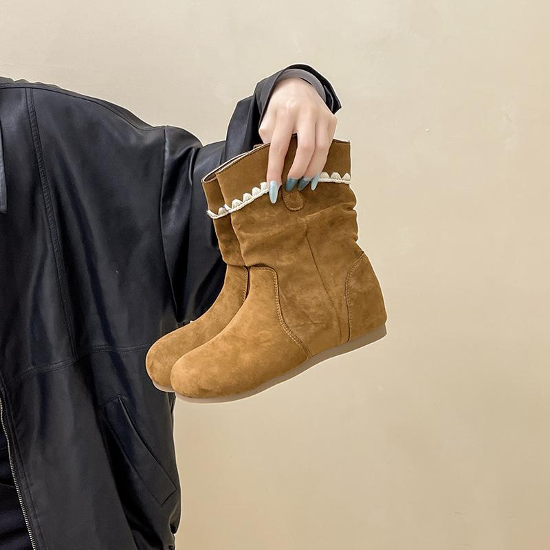 French Design Ruffle Edge Suede Round Head Pleated Piled Boots Women's Autumn and Winter Fashion Retro Foreign Style Flat Bottom Martin Boots