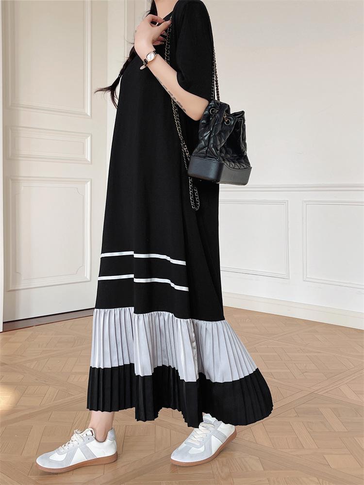 Summer 2025 Women's Plus Size Color Block Pleated Skirt Dress - Short Sleeve Trendy Design