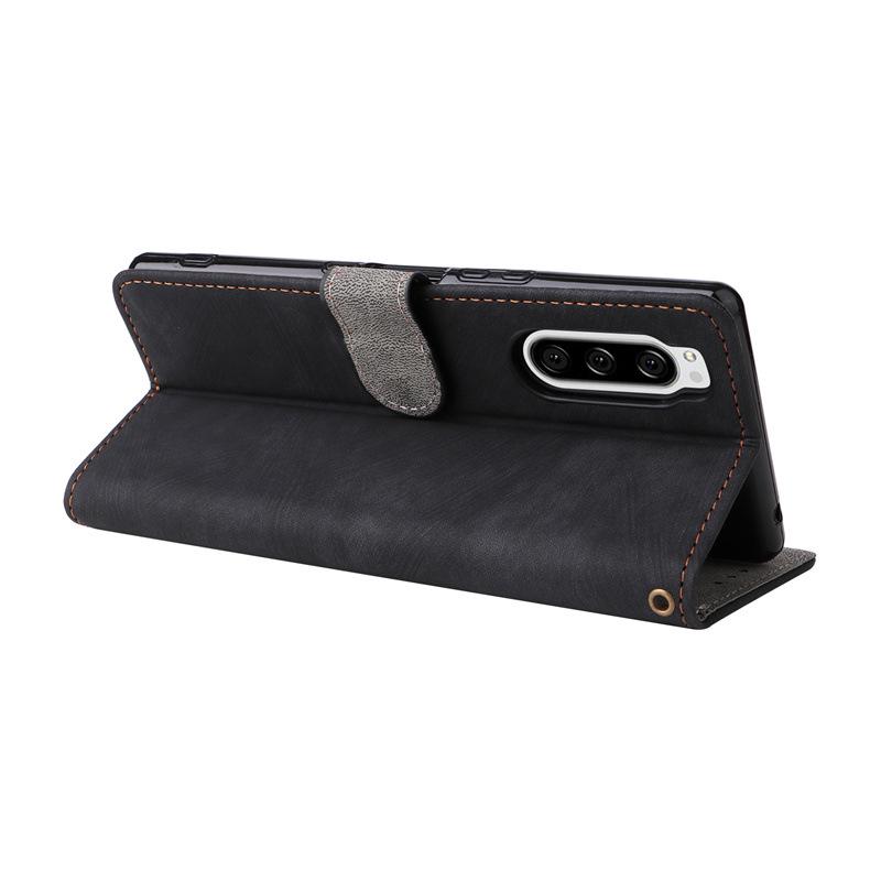 Compatible with Sony Xperia 5: Leather Phone Case with Card Slot, Bracket, and Lanyard.