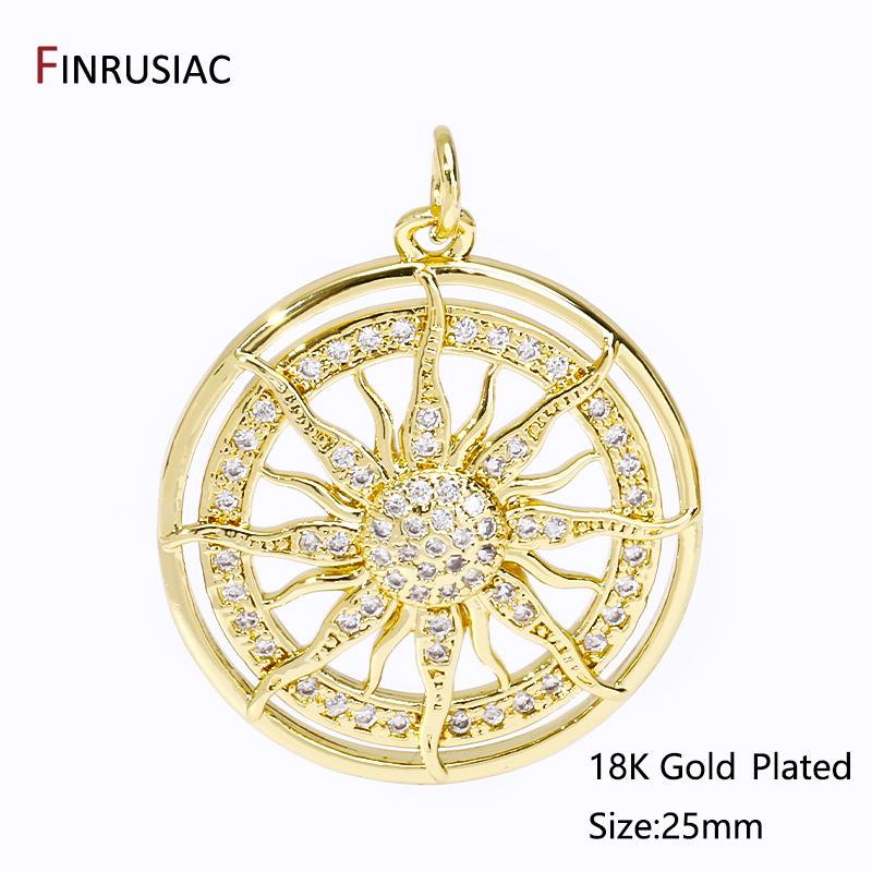 

DIY Necklace Making Findings 18K Gold Plated Brass Hollow Sun Pendant,Inlaid Zircon Round Sun Charms For Jewelry Making Findings 1 piece