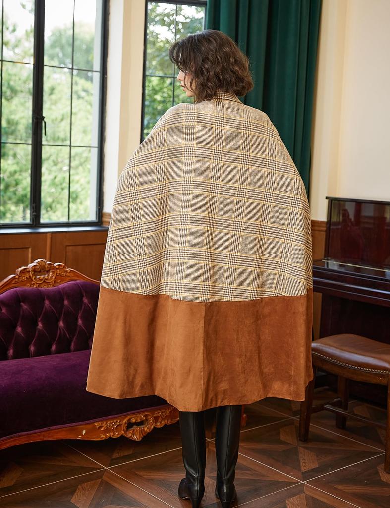 BEAUTELICATE Long Wool Blend Cape Poncho Outerwear for Check Size M Women's Coat, Cape, Cloak, Warmth, Elegant, Pocketless, Pattern, Autumn/Winter,