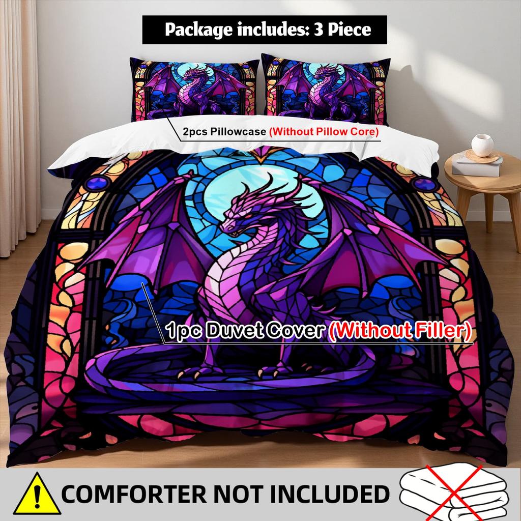 3pcs Stained Glass Purple Dragon Print Duvet Cover Set – for Kids Gift 100%Polyester, Soft, Breathable for Bedroom Decoration