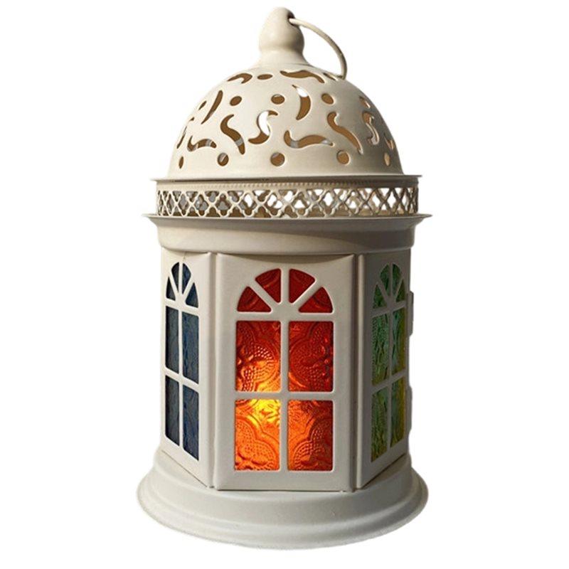 ABKY-Retro Metal Candlestick Colored Glass Aromatherapy Candlestick Decorative Decoration Decorative Iron Wind Lamp белый