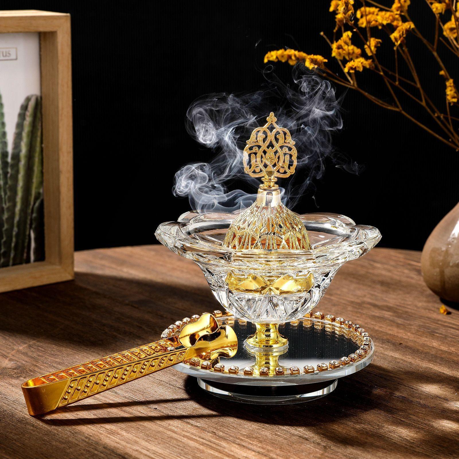 

Arabian Crystal Flower Charcoal Incense Burner Rotating Bakhoor Holder with Clip Luxury Arabic Home Decor Scented Gift Set