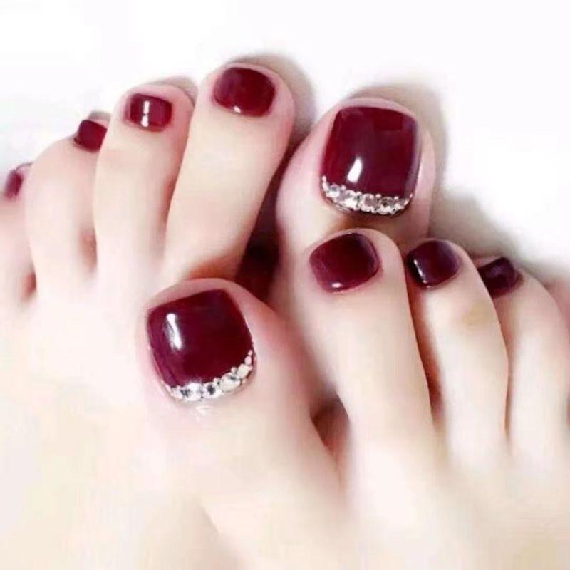 

Nail Patch Removable Waterproof and Durable Nail Stickers Fake Toenail Finished Wear Foot Nail Tip with Diamond Wine red inner drill 51