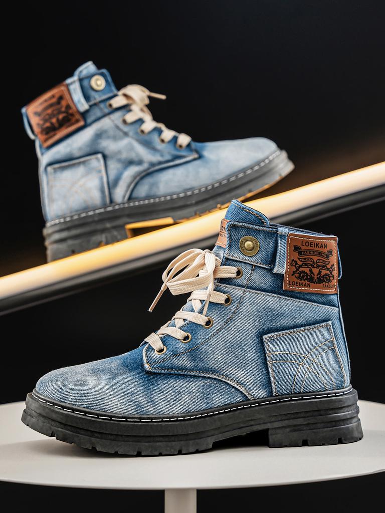 New Men's high top denim boots, casual sports shoes, trendy and fashionable men's boots Versatile work shoes