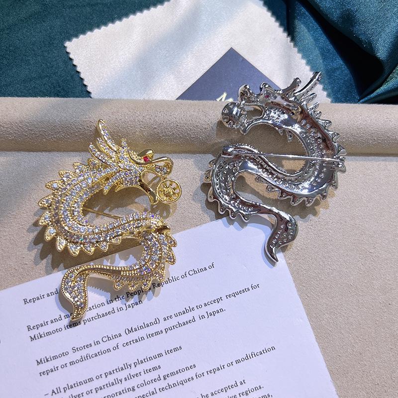 Chinese Zodiac Dragon Brooch - Gold-Plated, Zircon & Pearl Corsage Pin