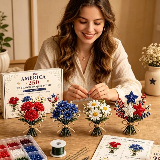 Zestaw do tworzenia bukietów 3D z koralików, Zestaw DIY na 250. rocznicę powstania Ameryki, Zestaw do tworzenia sztuki z koralików w kształcie bukietu kwiatów dla dorosłych i początkujących