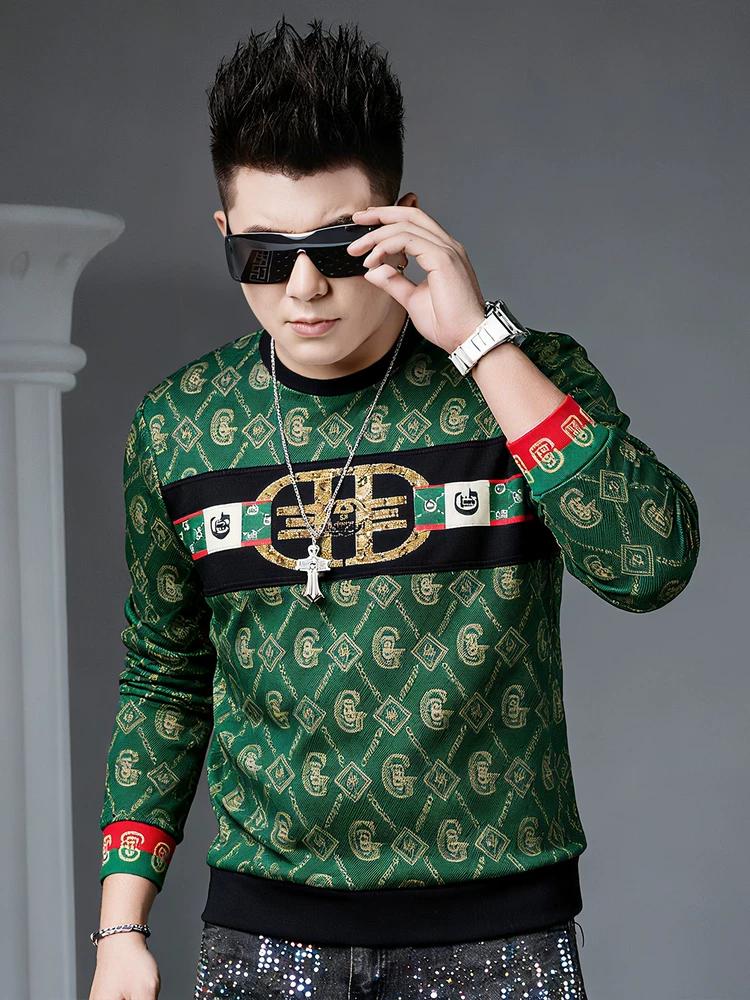 

European Station 2025 New Autumn Men s Crew Neck Sweatshirt Trendy Letter Sequin Long-Sleeve Pullover Top XL зелёный