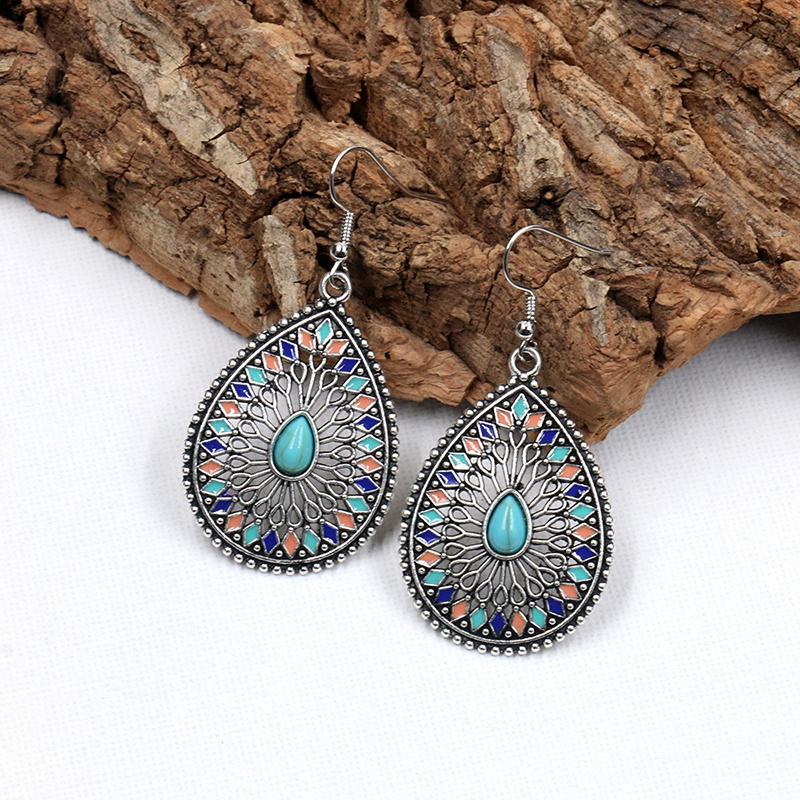Ethnic Boho Colorful Enamel Earrings For Women Bomemian Retro Hollow Flower Round Geometric Vintage Drop Dangle Earrings Jewelry