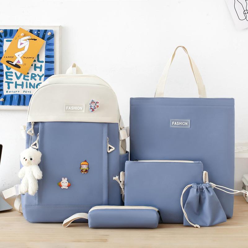 School Bag New Canvas Campus Backpack Five-piece Set Simple and Versatile Junior High School School Bag Multi-functional Casual Girls Backpack