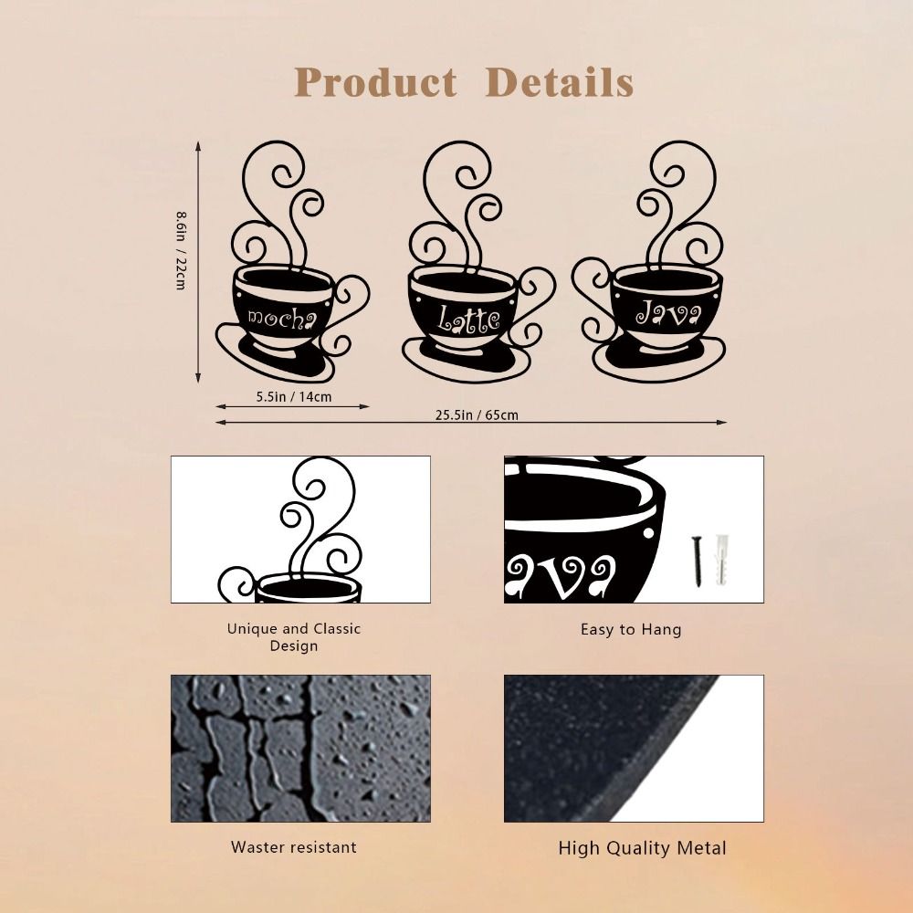 3Pcs Art Wall Hanging Metal Background Pendant Crafts Coffee Cup Wall Decoration Gift