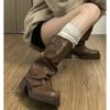Retro Brown Western Cowboy Boots Slip-on Mid-calf Boots Knee-high Platform Thick Heel Women's Boots Designer Women's Shoes 2025