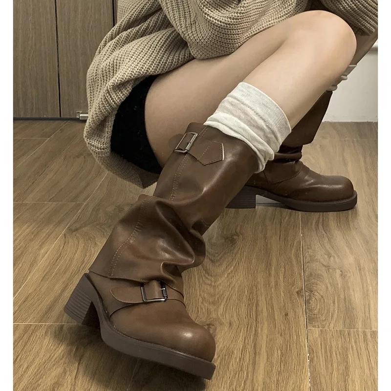Retro Brown Western Cowboy Boots Slip-on Mid-calf Boots Knee-high Platform Thick Heel Women's Boots Designer Women's Shoes 2025