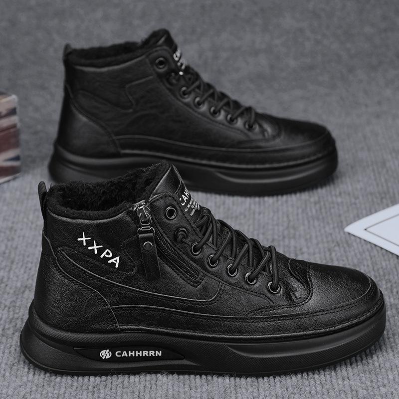 High-top velvet men's shoes autumn 2 new little white shoes side zipper men's winter warm and casual