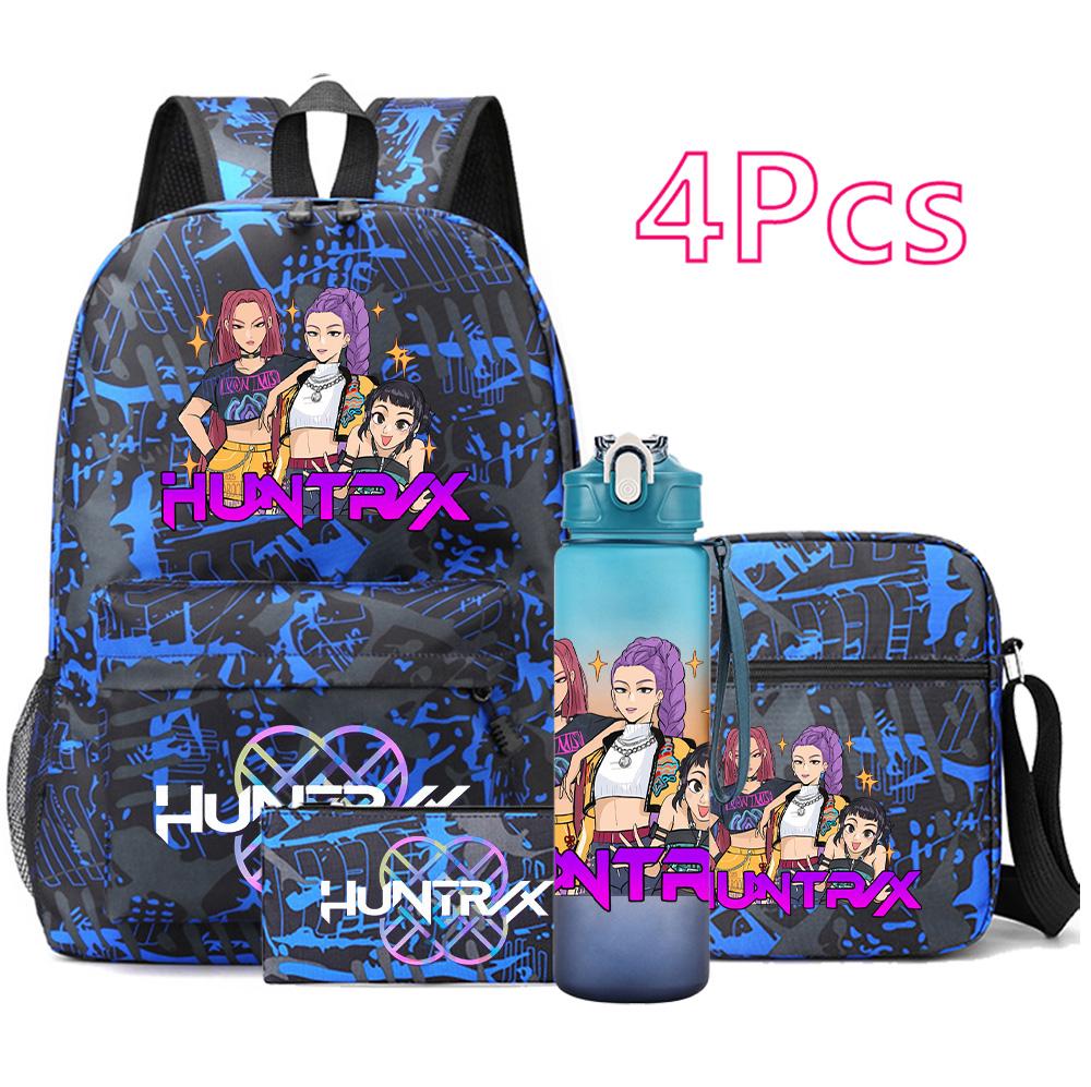 4Pcs/set Anime K-Pop Demon Hunters Printed Backpack Bookbag Shoulder Bag Case Bag with 750Ml Water Bottler for Boy Girl Large Capacity Schoolbag