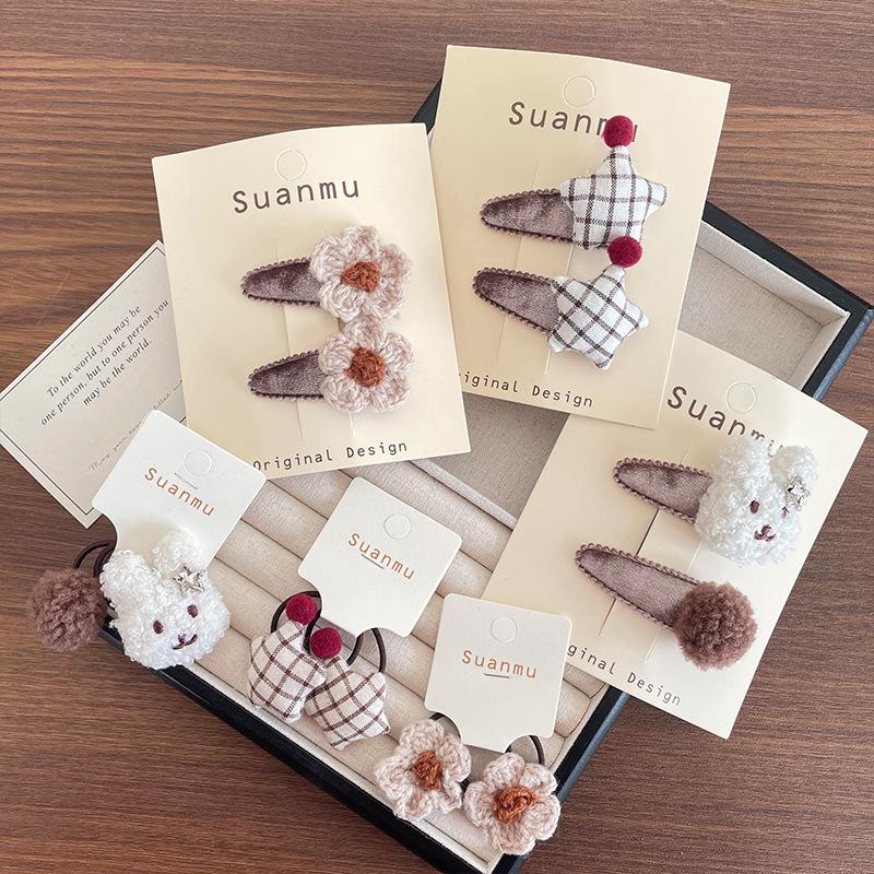 Korean Caramel Color Plush Rabbit Hair Tie & Flower Plaid Star Clip Set for Kids