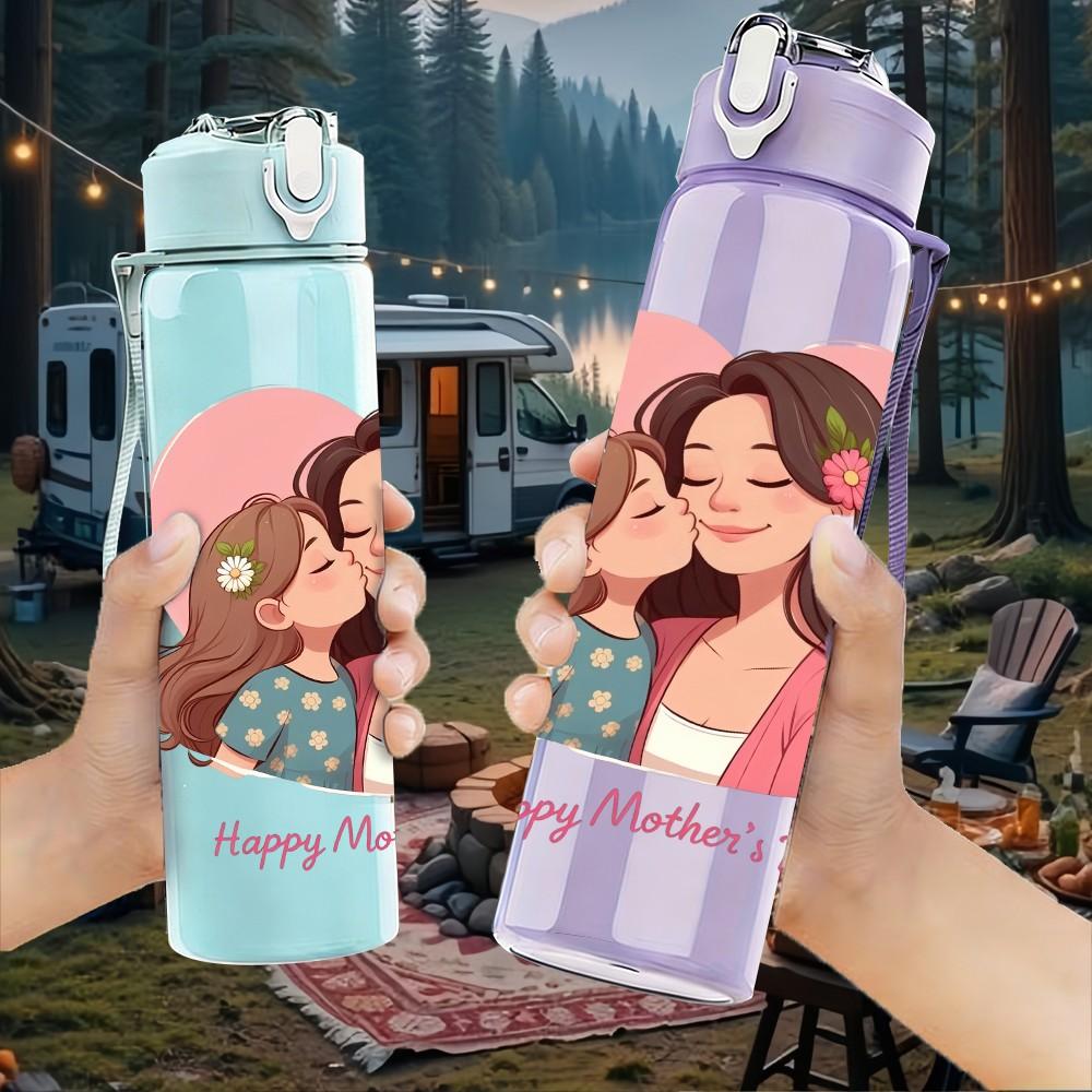 1PC Happy Mothers Day Heart Family Pattern 750ml Color Plastic Sports Water Bottle Leakproof Flip Straw Lid Suitable for Sports Office Home Use