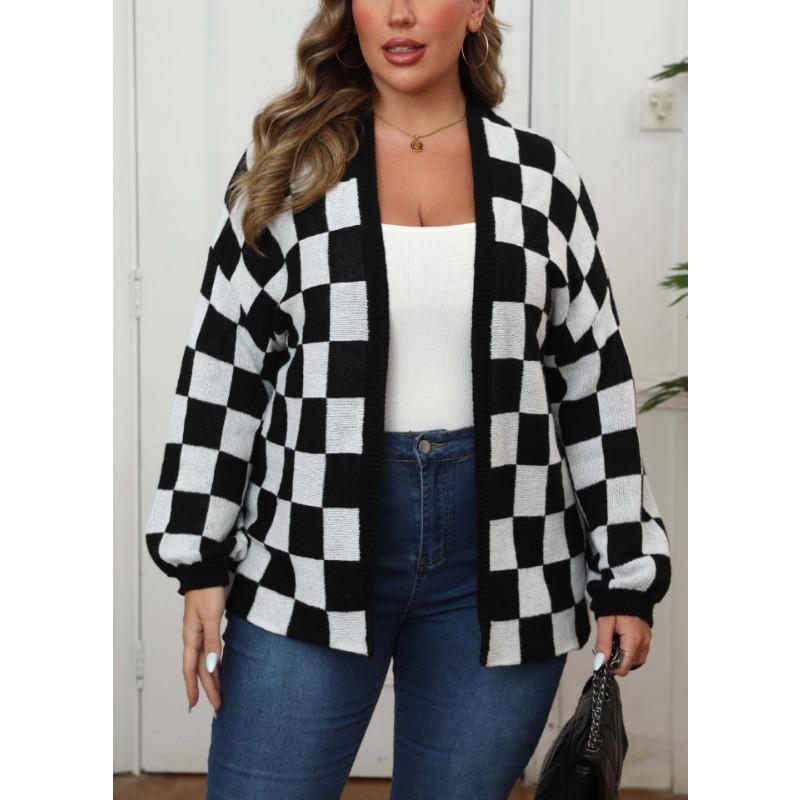Damen S Übergröße Schachbrettmuster Farbblock Locker gestrickter Cardigan