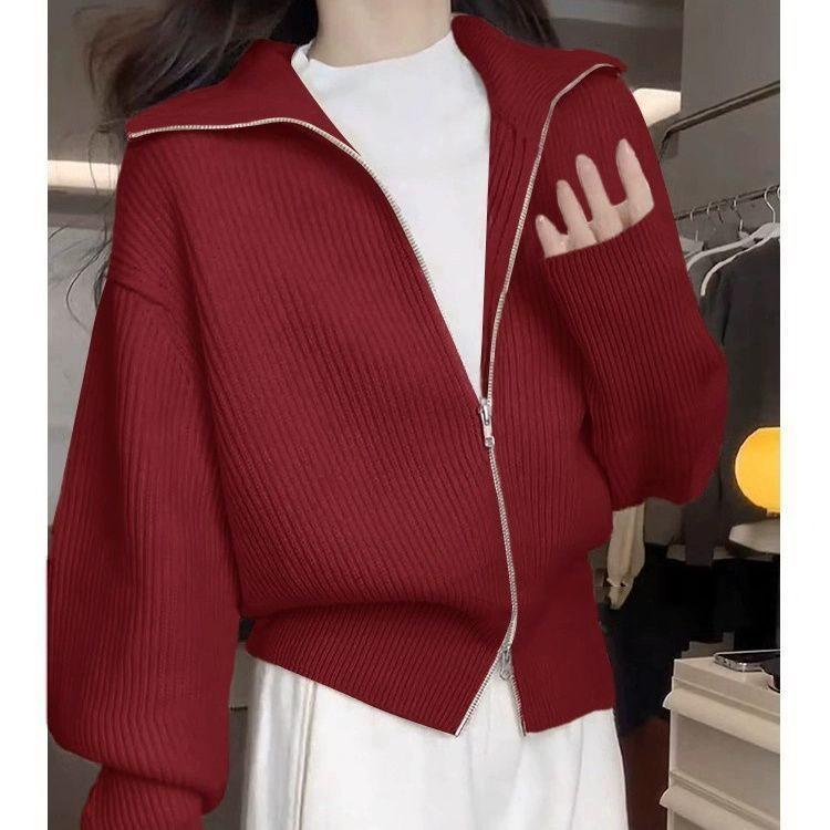 

Женский вязаный кардиган с лацканами на двойной молнии - Мягкий, уютный и утолщенный для осени/зимы M (90-100) красный