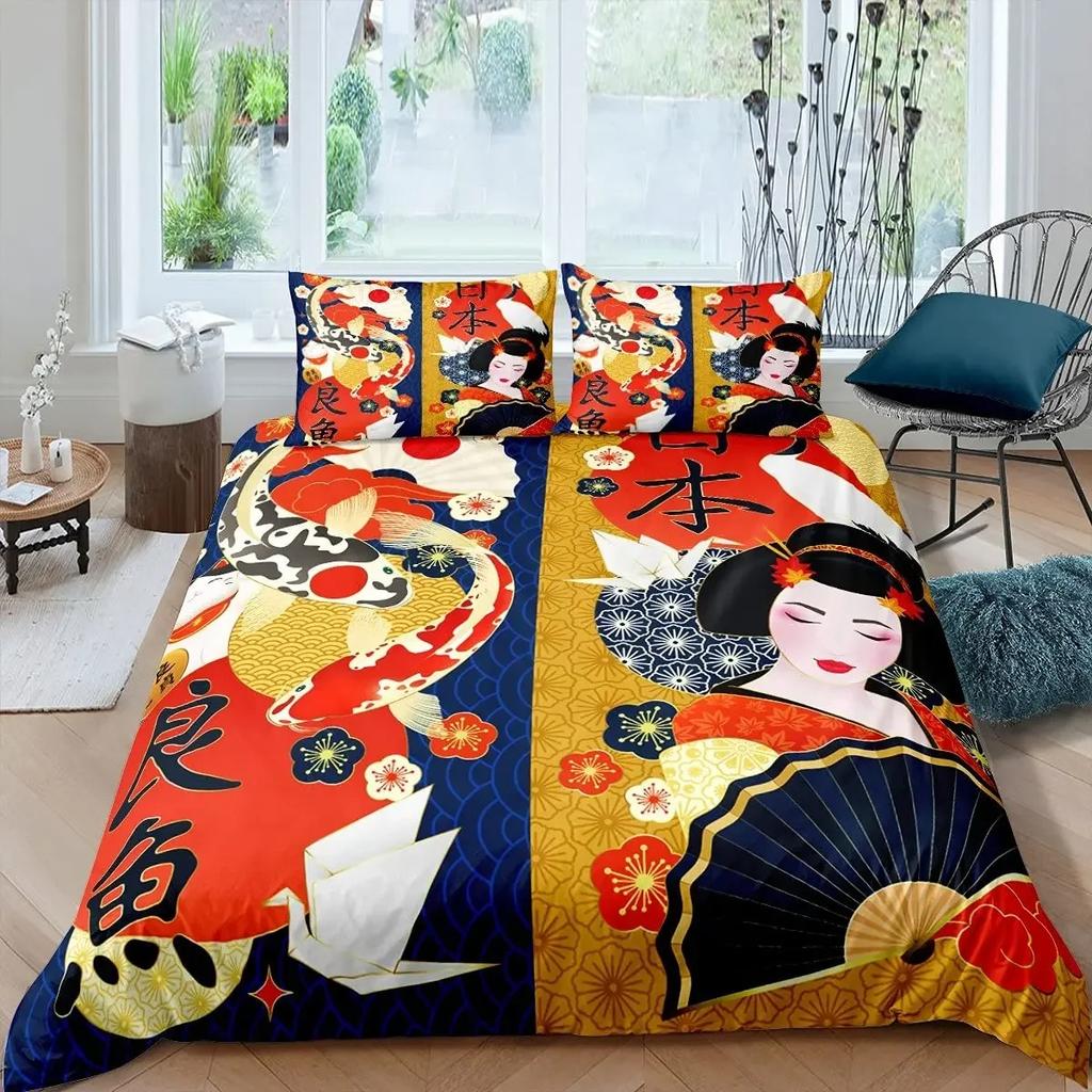 Japanese Style Duvet Cover Koi Fish Cherry Ukiyo-E Geisha Quilt Cover Sun Crane Polyester Japanese Culture Theme Bedroom Decor