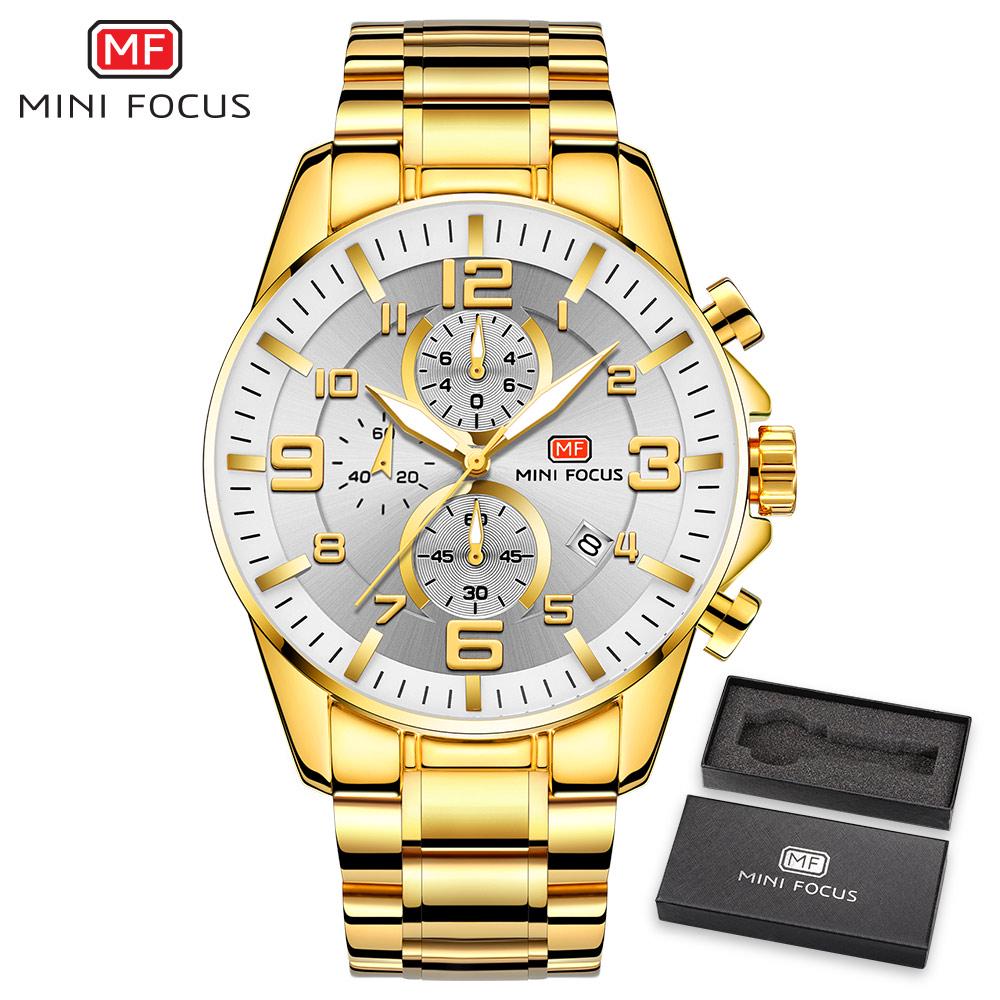 MINI FOCUS Men's Business Quartz Watches Stainless Business Chronograph Watch Gold Blue Relogios Masculino Clock