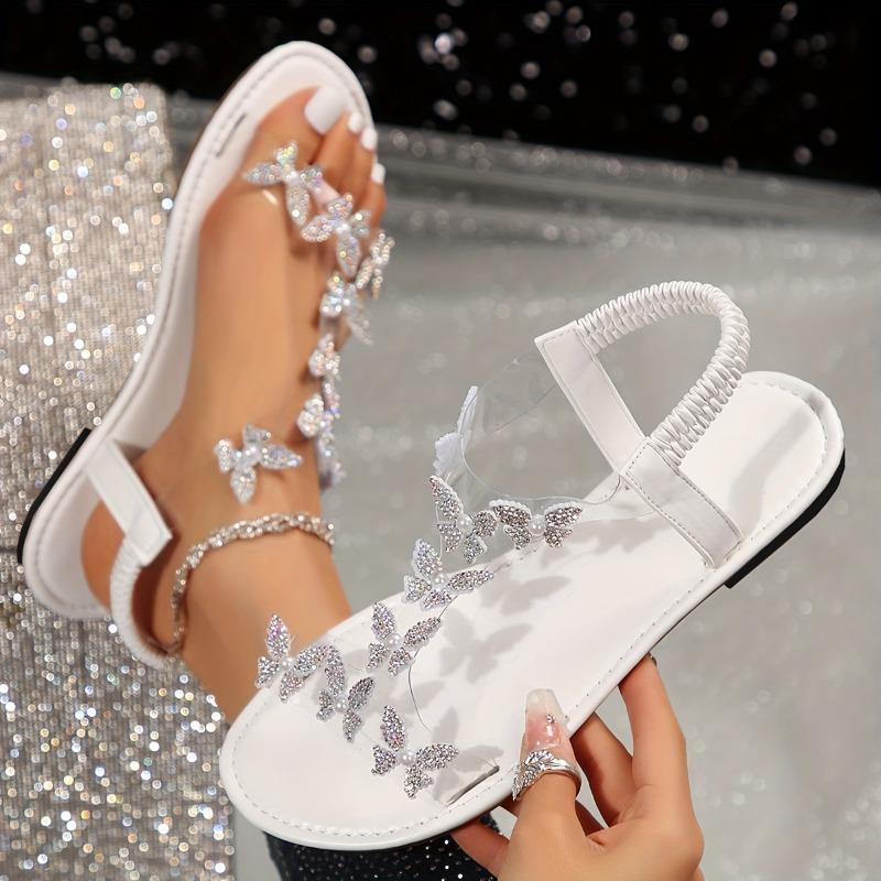 Elegant Rhinestone Butterfly Women's Sandals - Transparent Elastic Straps, Flat Comfortable PVC & Rubber Summer Beach Shoes for Outdoor Vacations