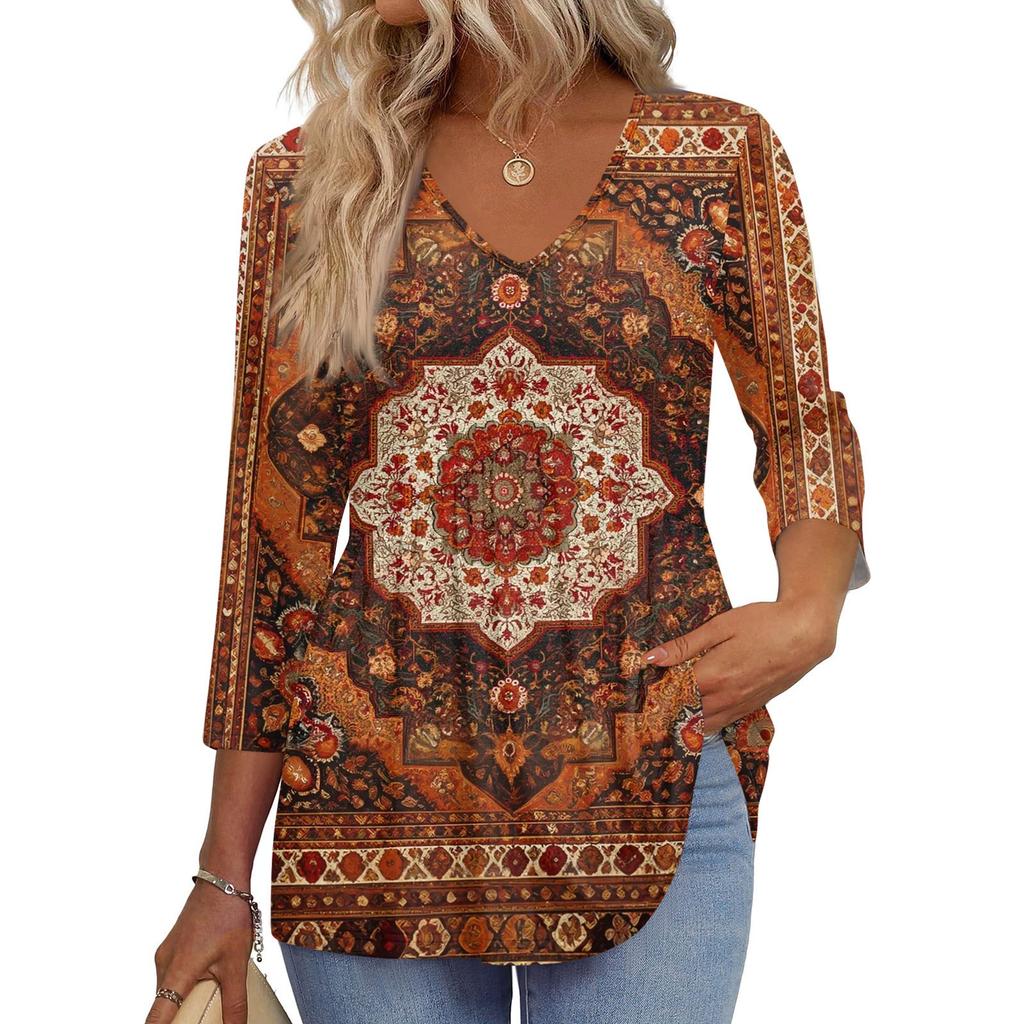 Women's T Shirt Print 3/4 Sleeve Fashion Basic V- Neck Regular Top