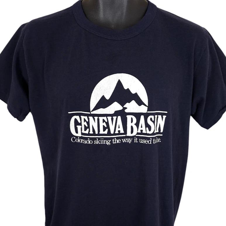 Vintage Ski Geneva Basin T Shirt Mens Size Medium Blue 80s Colorado Made In USA