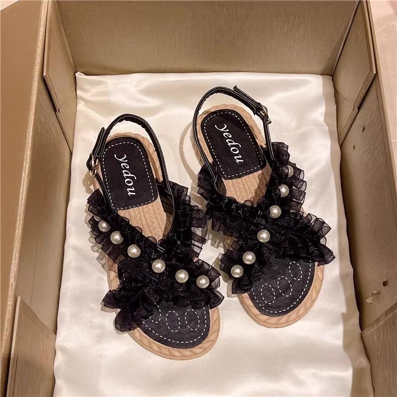 Fashion Roman Flat Sandals Summer Outside Wear Shoes for Women Leisure Lace Soft Bottom Beach Sandales Black Beige Sandalias Femininos