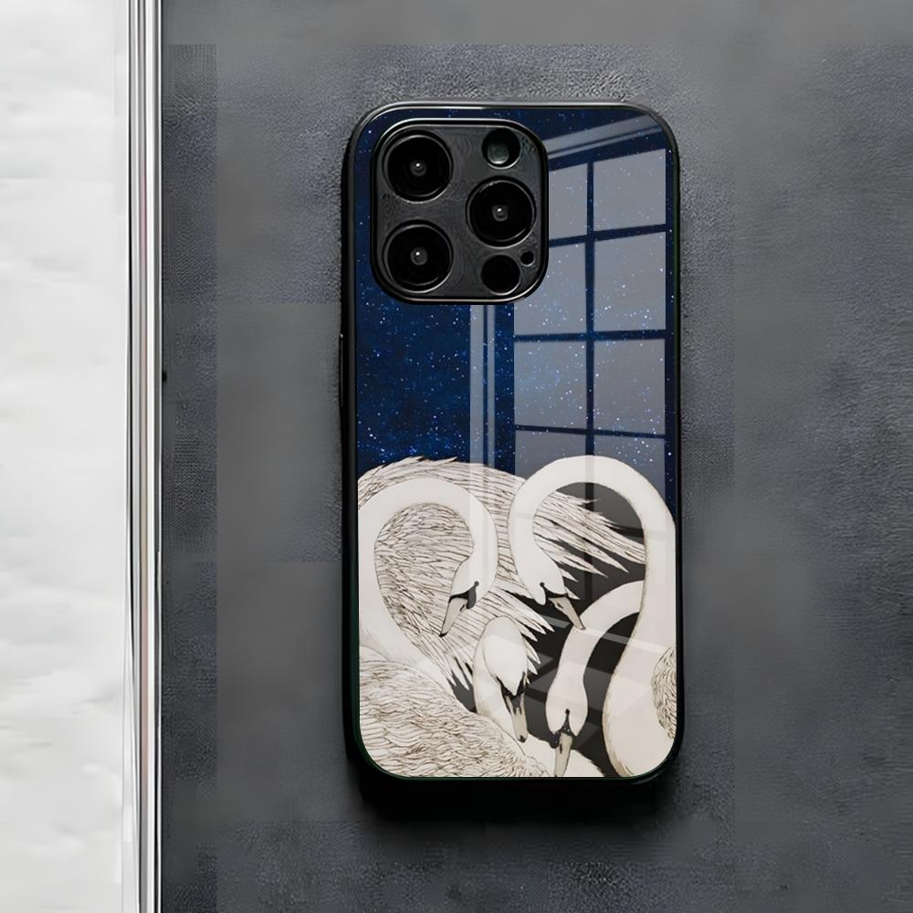White Swan Illustration Phone Case For IPhone 17 Air 16 E Pro Max 15 14 13 Mini 12 Pro 11 Max Plus Black Glass Cover