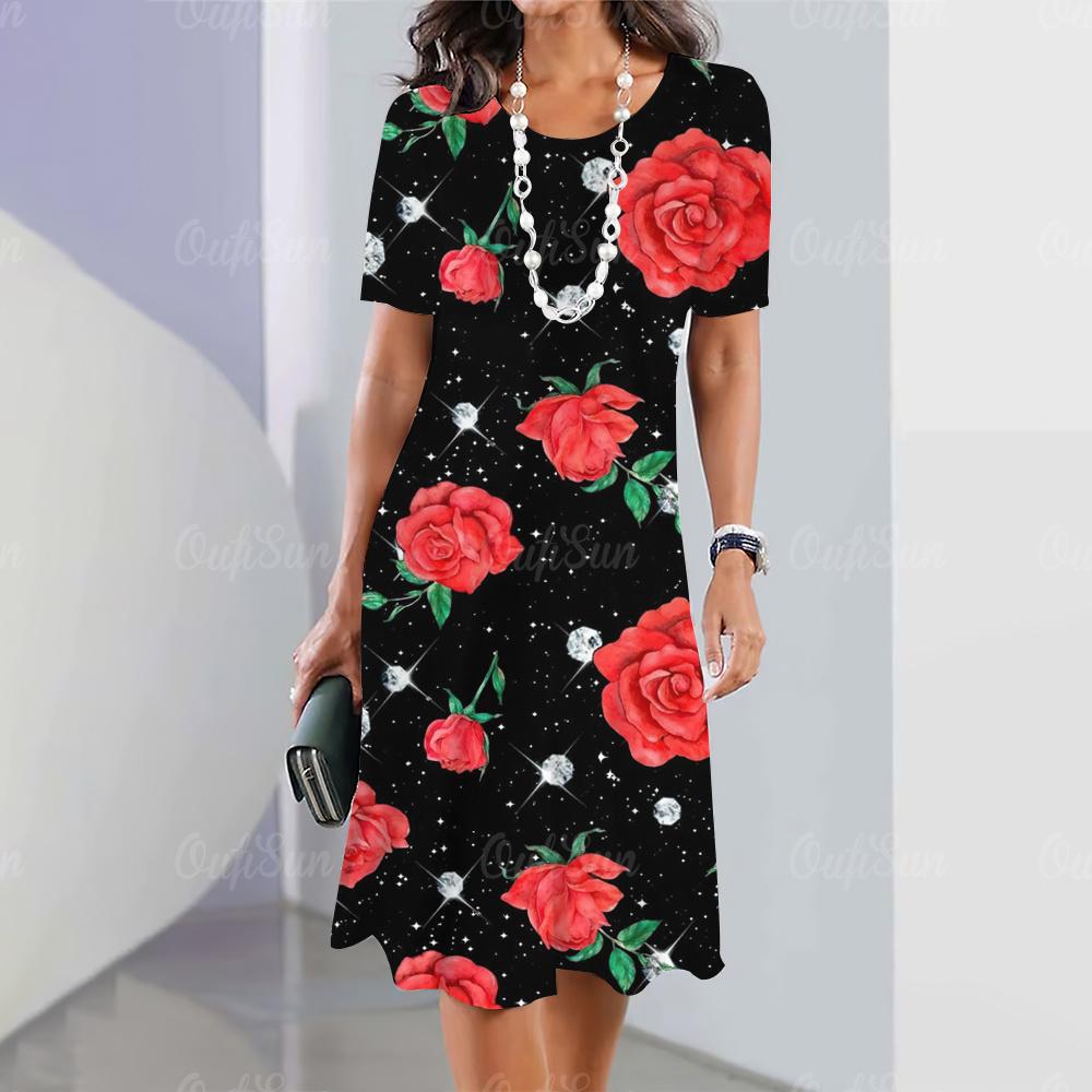 Summer Women's Short-sleeved Pullover Casual Loose Dress 3d Floral Print O-neck Fashion Women's Clothing